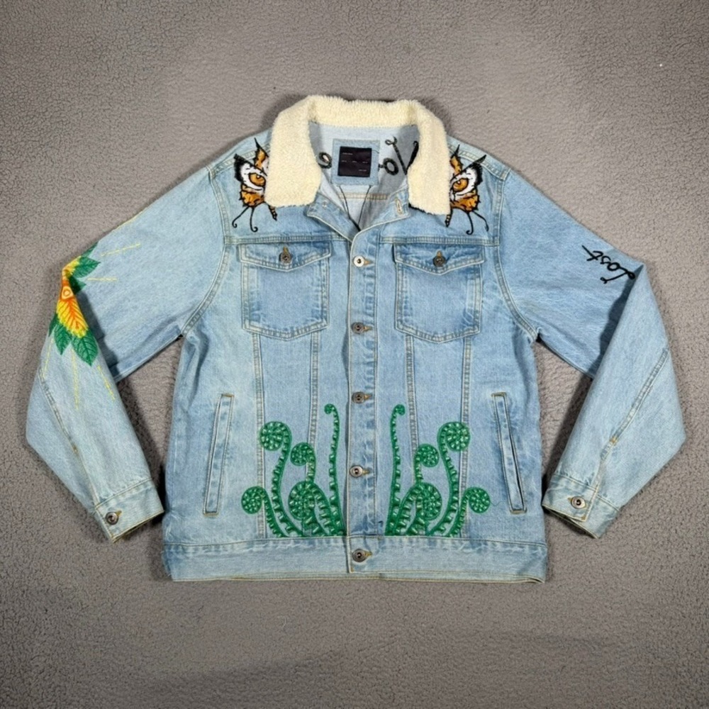 Zara Man Jacket Mens XL Blue Fleece Collar Trucker Embroidered Graphic Denim